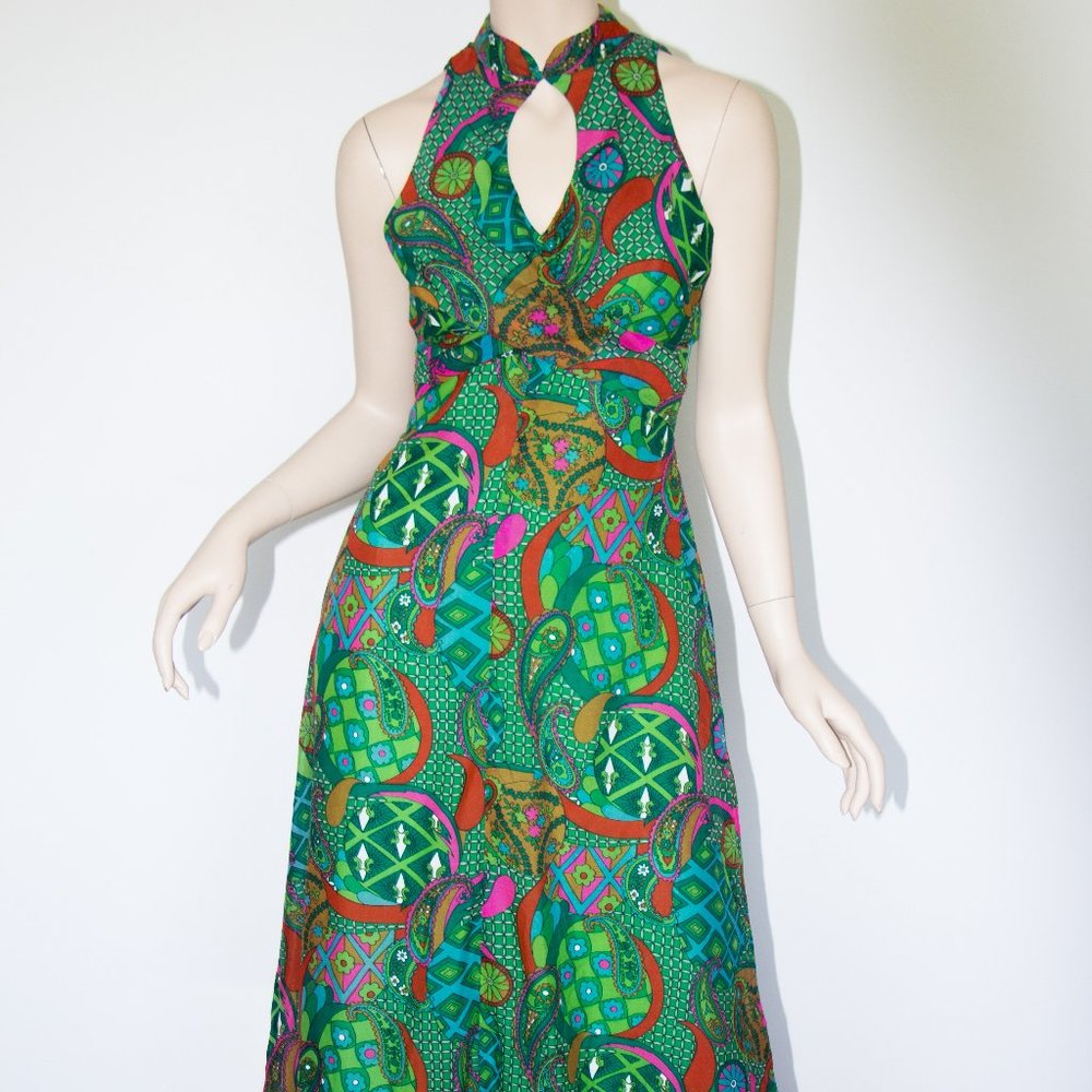 Vintage 60s and 70s Multicolor Floral Paisley Dress Maxi Small
